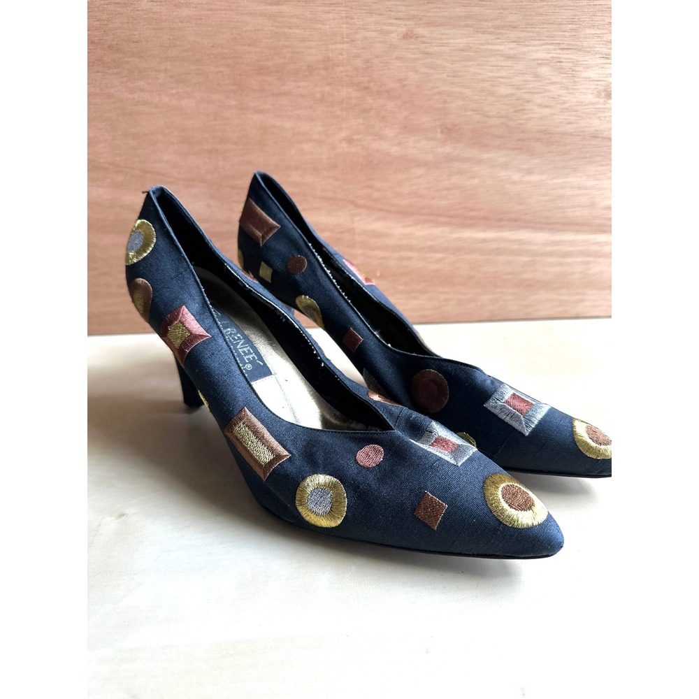 J Renee Vintage Women's 9N Black Fabric Geometric Embroidered Heels Pumps Shoes